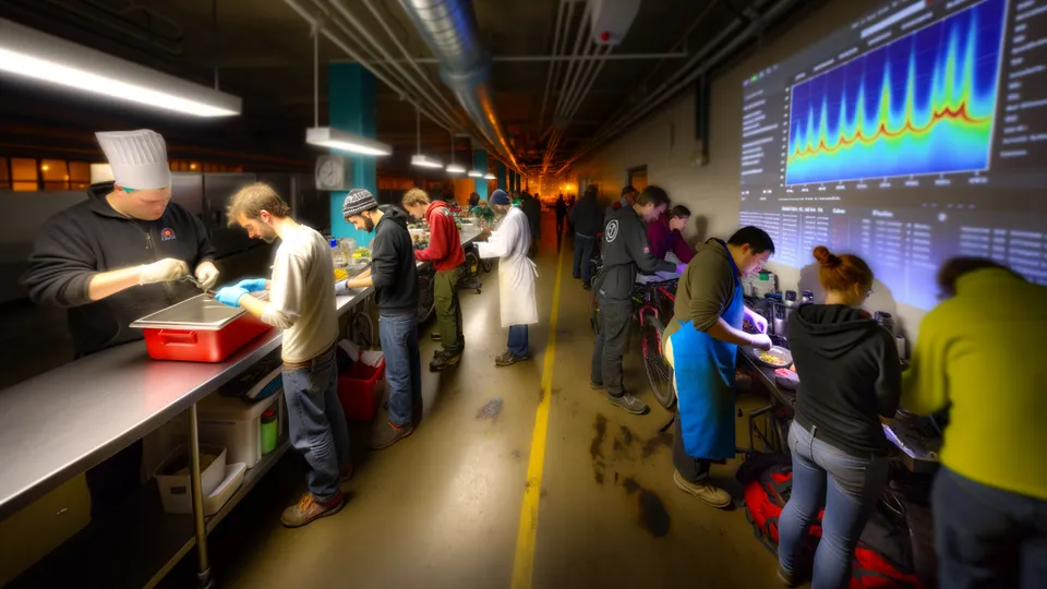 Mechanics repairing bikes next to a steaming soup station