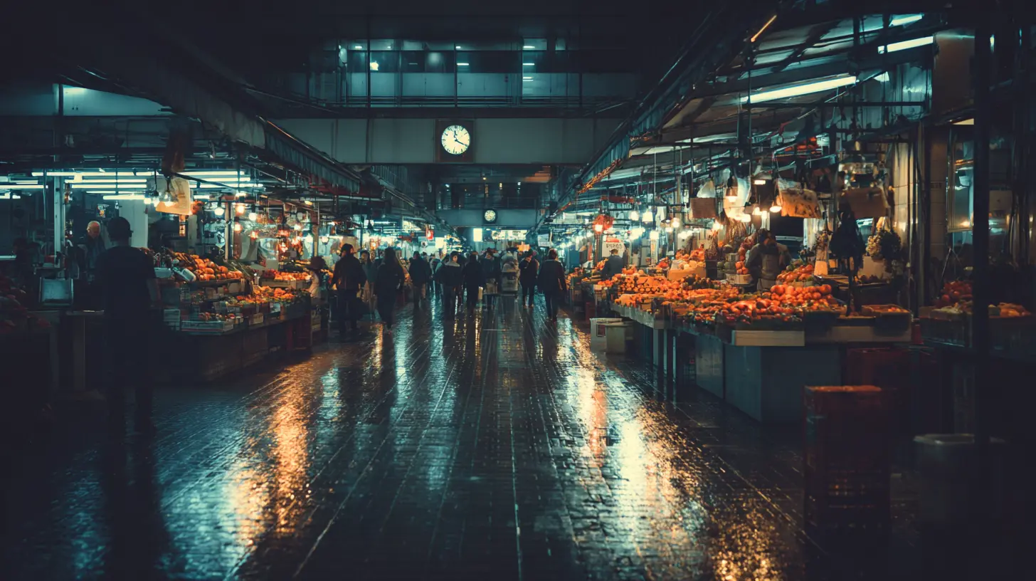 Night shoppers walking beneath violet lights in a historic subway concourse