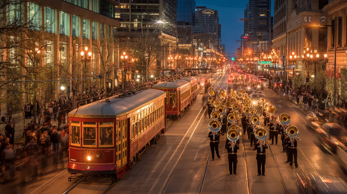 Brass musicians marching alongside a vintage streetcar at dusk